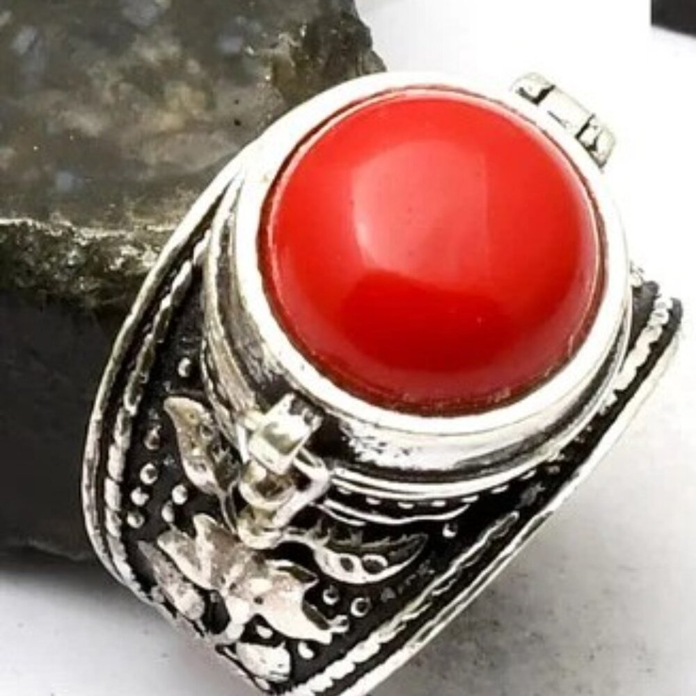 Coral Gemstone Poison Box Sterling Silver SZ 8